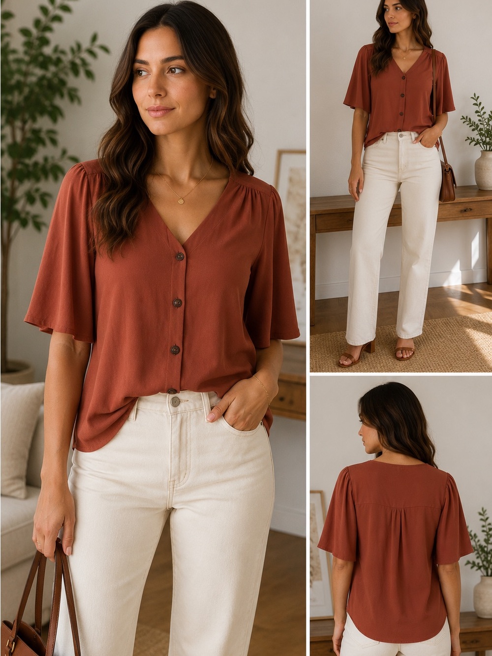 Monteau Los Angeles Rust Button Front Flutter Sleeve Blouse Medium